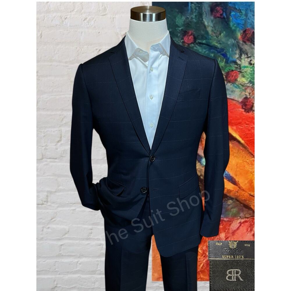 BR Banana Republic Mens 40L 36x31 Slim Navy Blue Plaid Suit Super 150s Italy